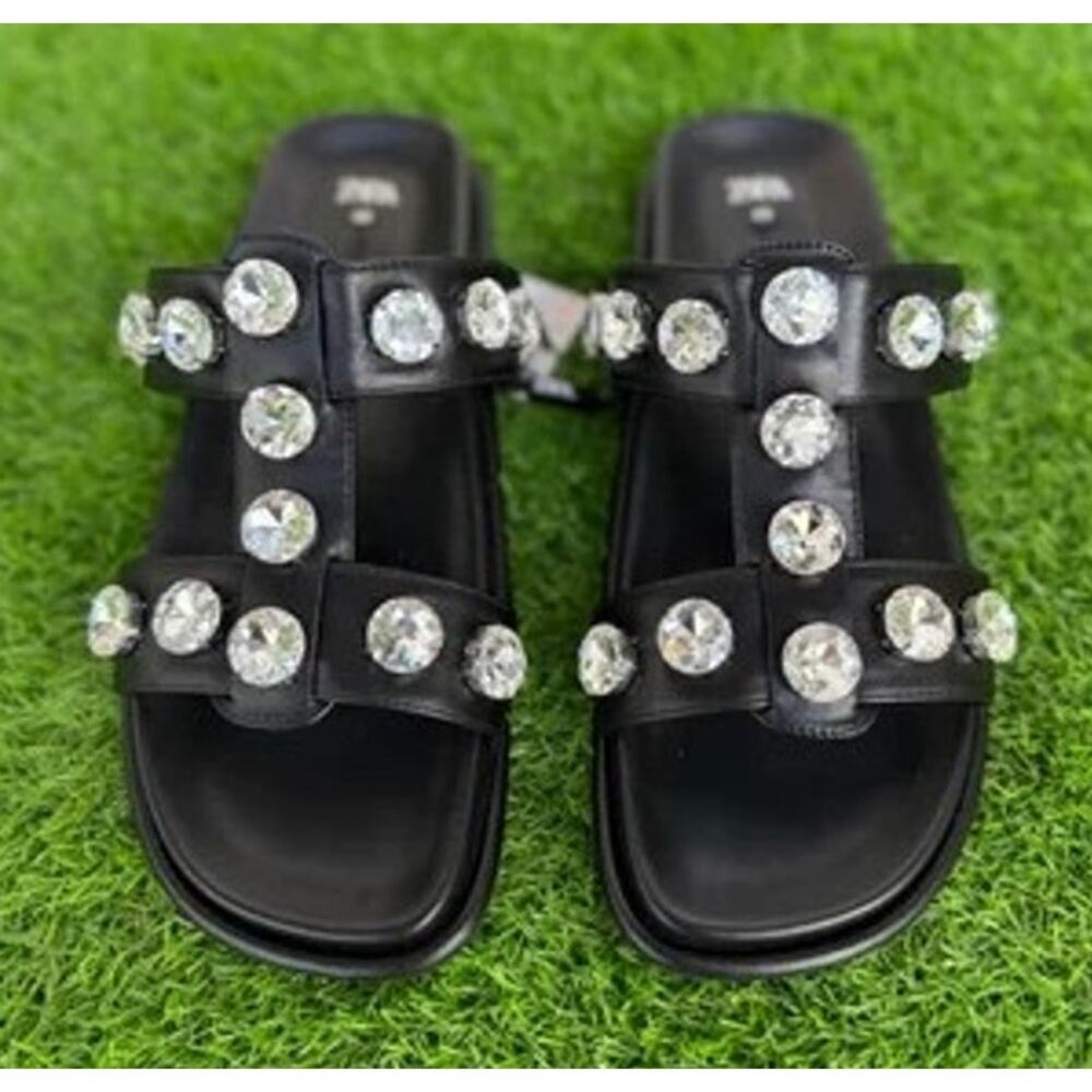 ZARA Black Crystal Embellished Flat Sandals NWT Double Strap Gem Slides Size 7.5 - Picture 7 of 16